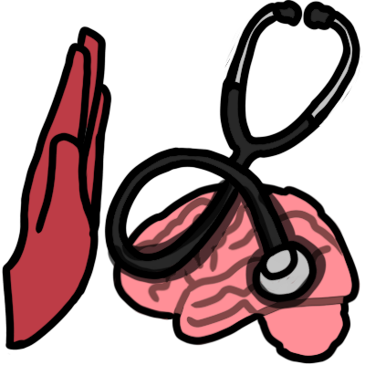 a red hand raised in a 'stop' gesture, viewed from the side and facing a stethoscope in front of a brain. the stethoscope casts a shadow over the brain.